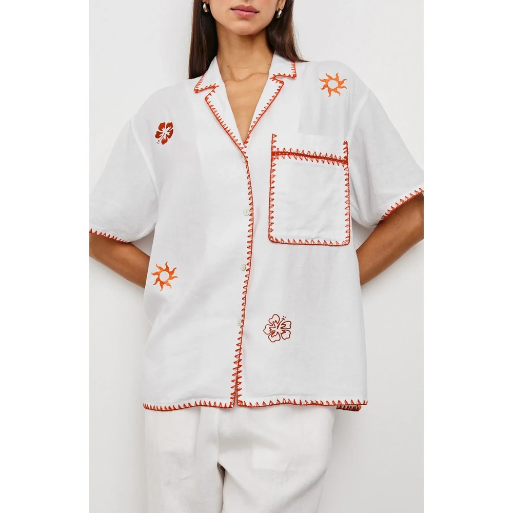 Rails NWT XS Island Embroidered Linen Blend Camp Shirt Women White Short sleeve